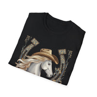 Load image into Gallery viewer, Cowgirl Horse T-Shirt — Western Horseshoe Design