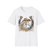Load image into Gallery viewer, Cowgirl Horse T-Shirt — Western Horseshoe Design