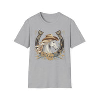 Load image into Gallery viewer, Cowgirl Horse T-Shirt — Western Horseshoe Design
