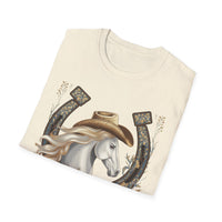 Load image into Gallery viewer, Cowgirl Horse T-Shirt — Western Horseshoe Design