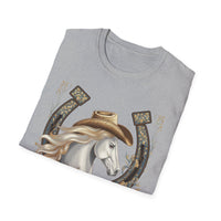 Load image into Gallery viewer, Cowgirl Horse T-Shirt — Western Horseshoe Design