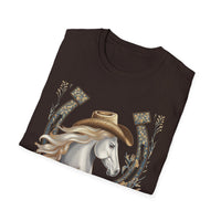 Load image into Gallery viewer, Cowgirl Horse T-Shirt — Western Horseshoe Design
