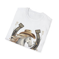 Load image into Gallery viewer, Cowgirl Horse T-Shirt — Western Horseshoe Design