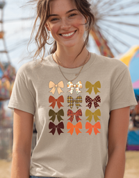 Load image into Gallery viewer, Fall-Inspired Bow Graphic Tee, Unisex Cotton T-Shirt, Autumn Fashion, Gift for Her, Casual Wear, Halloween Style
