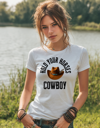 Load image into Gallery viewer, Western Cowboy Unisex Tee - Hold Your Horses Design
